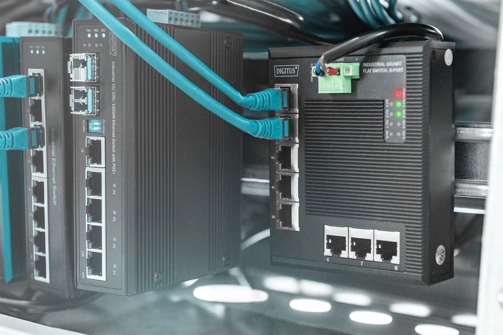 Šakotuvas Digitus INDUSTRIAL GIGABIT FLAT SWITCH - 8-PORT DIN RAIL EXT. TEMP. RANGE