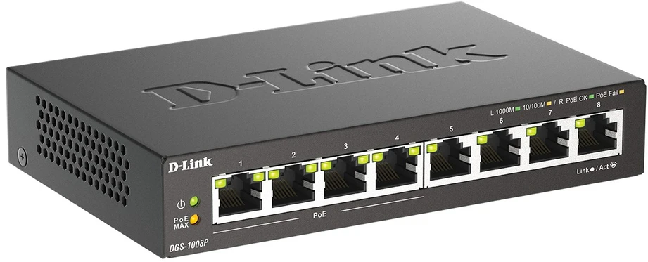Šakotuvas Komutatorius D-Link 8x10 / 100 / 1000Mbps RJ45, 4xPoE, 52W, / DGS-1008P