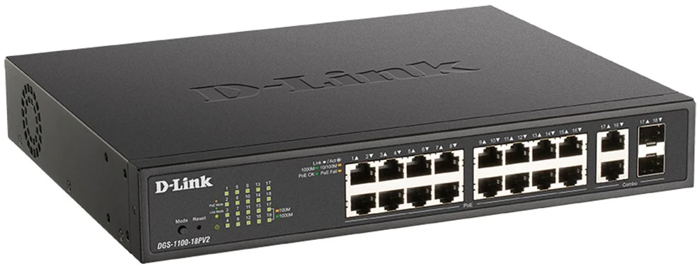 Šakotuvas DLI D-Link DGS-1100-18PV2 tinklo komutatorius Valdomas L2 Gigabit Ethernet (10/100/1000) Maitinimas per Eternetą (PoE) 1U Juoda