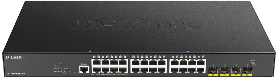 Šakotuvas D-LINK 28-Port Smart Managed PoE+ Gigabit Switch 4x 10G dlink žalias 3.0 24x 10/100/1000Mbit/s TP RJ-45 PoE prievadas 802.3at