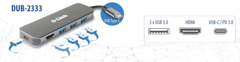 DLI D-Link DUB-2333 knyginių kompiuterių dokas / jungčių replikatorius Vielinis C tipo USB Pilka