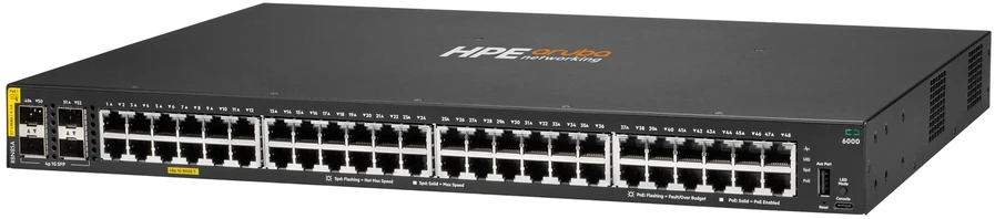 Šakotuvas „Hewlett Packard“ (HP) „HPE Aruba Networking CX 6000 48G Class4 PoE 4SFP 370W“ komutatorius, valdomas L2 gigabito eterneto (10/100/1000) palaikymas eternetui (PoE), 1U