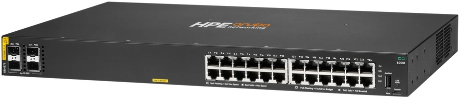Šakotuvas HPE Aruba Networking CX 6000 24p 10M/100M/1G Class4 PoE 4p SFP 1G 370W Switch Valdomas L3 Gigabit Ethernet (10/100/1000) Maitinimas per Eternetą (PoE) 1U