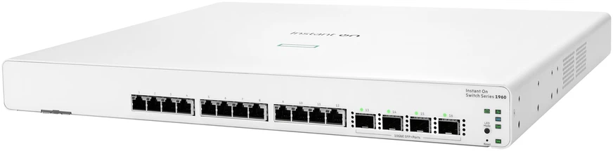 Šakotuvas Hewlett Packard (HP) HPE Aruba Networking Tinklo momentinio įjungimo komutatorius 12p 10GBT 4p SFP+ 1960 Valdomas L2+ 10G Ethernet (100/1000/10000) 1U Balta
