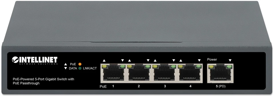 Šakotuvas Intracom INTELLINET PoE maitinamas 5 prievadų gigabitų jungiklis su PoE perėjimu Vienas PoE++/4PPoE PD PoE prievadas su 95 W Keturi PSE PoE jungtys iki 65 W