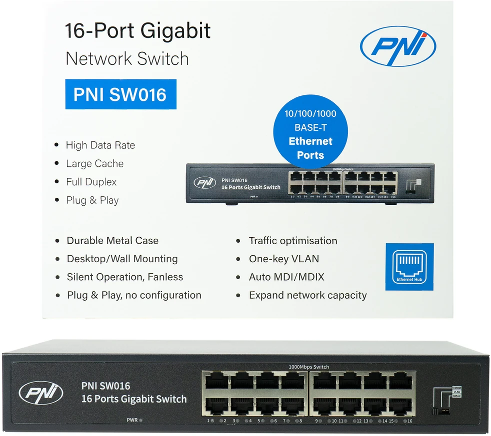 Šakotuvas Komutatorius PNI SW016, 16 x 10/100/1000 Mbps, Gigabit, metalinis korpusas