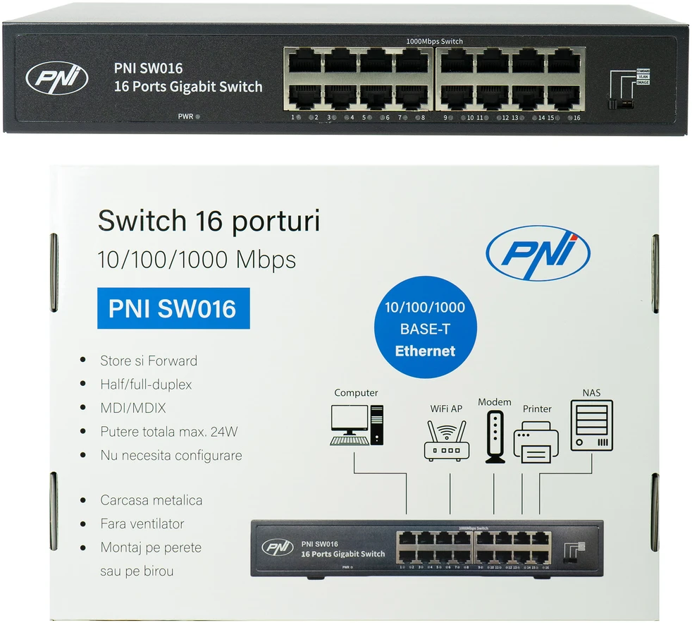 Šakotuvas Komutatorius PNI SW016, 16 x 10/100/1000 Mbps, Gigabit, metalinis korpusas