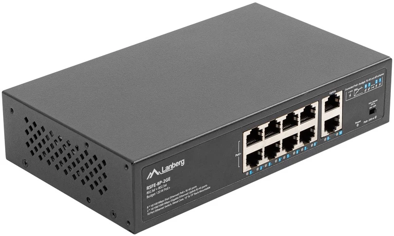 Šakotuvas LANBERG jungiklis PoE 19 colių 10 prievadų 100MB 8 jungtys PoE 30W/prievadas max 120w RSFE-8P-2GE nevaldomas