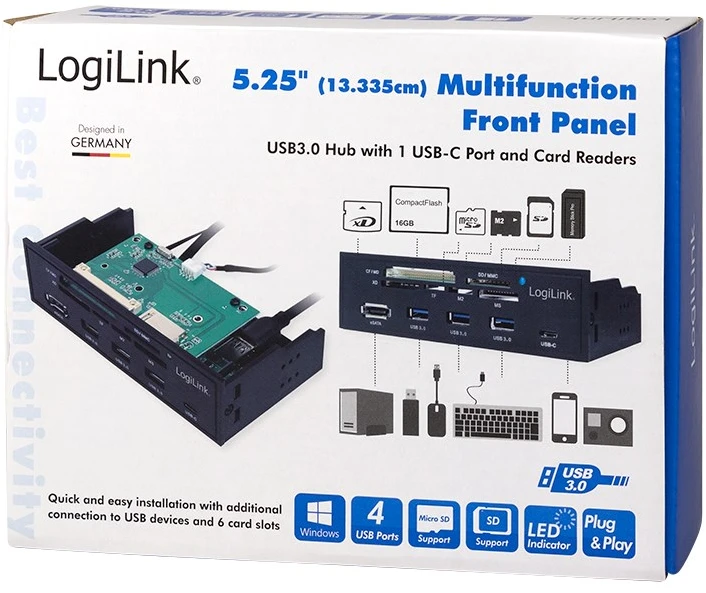 LOGILINK daugiafunkcis priekinis skydelis 5,25 colio su 6 krypčių kortelių skaitytuvu, juodas