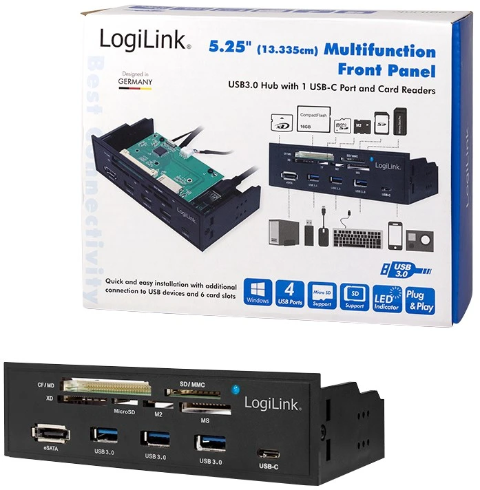 LOGILINK daugiafunkcis priekinis skydelis 5,25 colio su 6 krypčių kortelių skaitytuvu, juodas