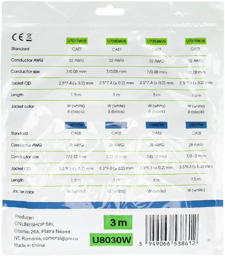 Šakotuvas PNI SW016 16 x 10/100/1000 Mbps komutatoriaus rinkinys, Gigabit, metalinis korpusas ir 3m CAT8 patch laidas PNI U8030W
