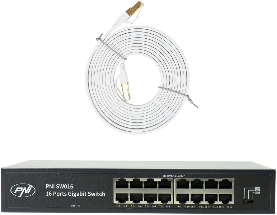 Šakotuvas PNI SW016 16 x 10/100/1000 Mbps komutatoriaus rinkinys, Gigabit, metalinis korpusas ir 3m CAT8 patch laidas PNI U8030W