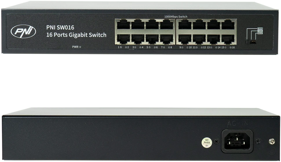 Šakotuvas PNI SW016 16 x 10/100/1000 Mbps komutatoriaus rinkinys, Gigabit, metalinis korpusas ir 3m CAT8 patch laidas PNI U8030W