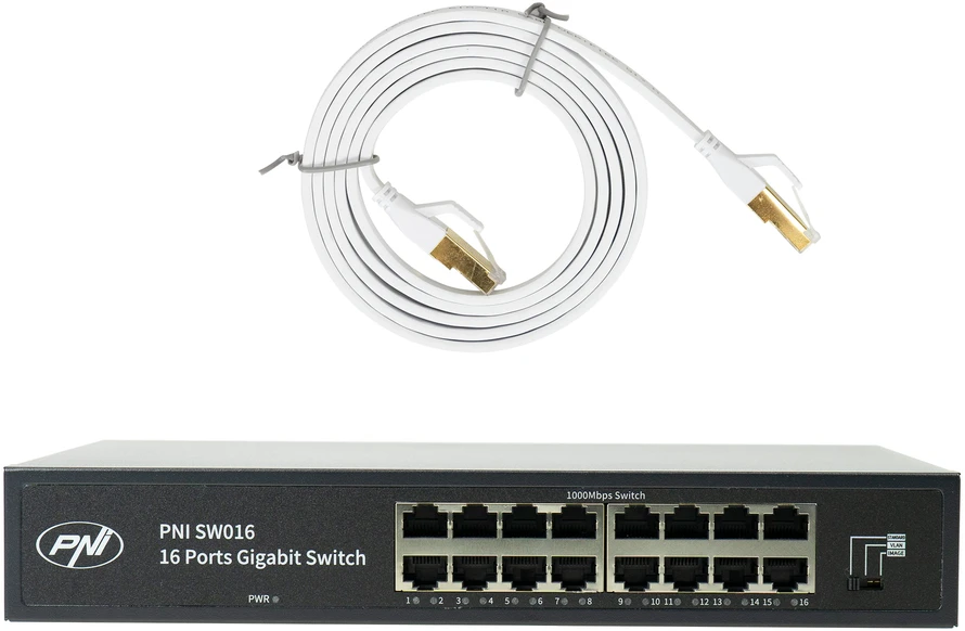 Šakotuvas PNI SW016 komutatorių rinkinys, 16 x 10/100/1000 Mbps, Gigabit, metalinis korpusas ir 1.5m CAT8 patch laidas PNI U8015W