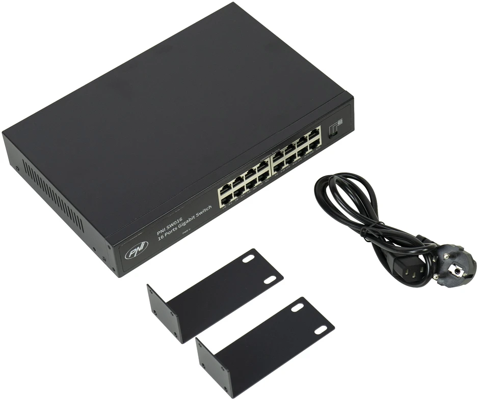 Šakotuvas PNI SW016 komutatorių rinkinys, 16 x 10/100/1000 Mbps, Gigabit, metalinis korpusas ir 1.5m CAT8 patch laidas PNI U8015W