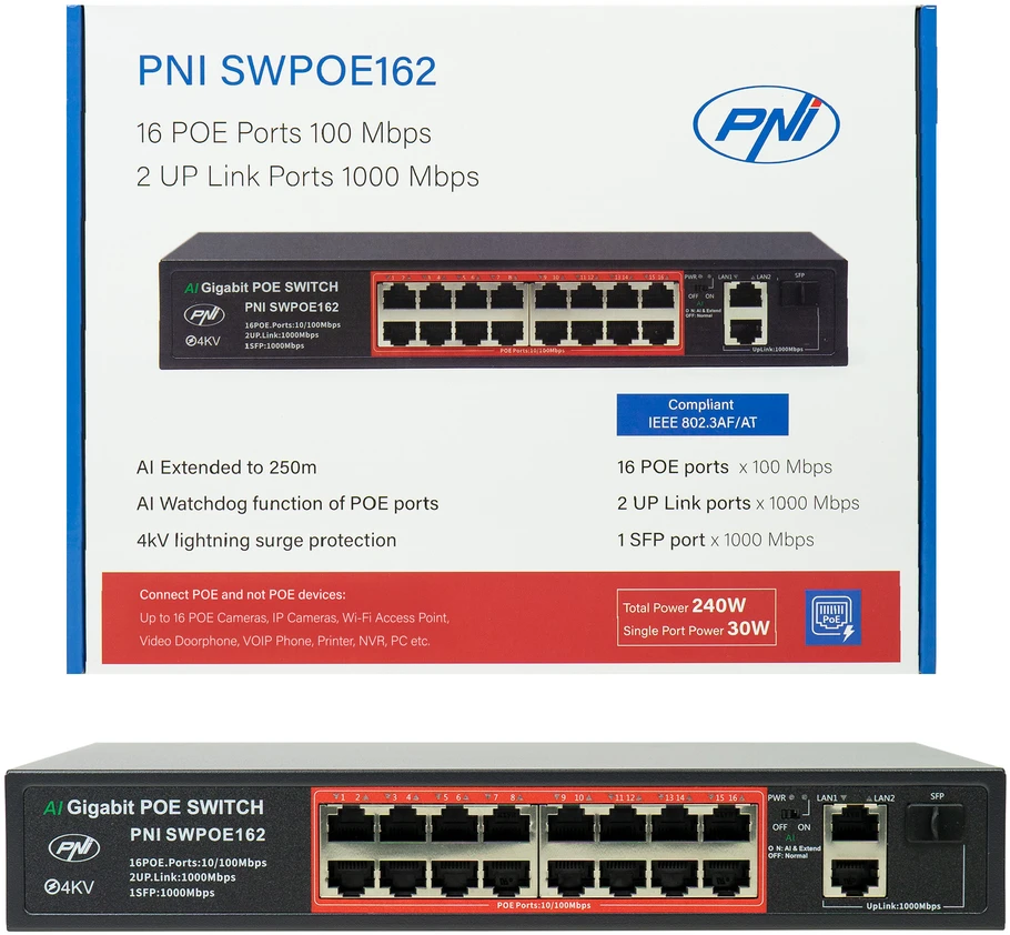 Šakotuvas POE komutatorius PNI SWPOE162, 16 POE 100 Mbps prievadų, 2 UP Link 1000 Mbps prievadai, 1 SFP 1000 Mbps prievadas, 240W, AI Extend funkcija iki 250 m, 4kV apsauga nuo žaibo