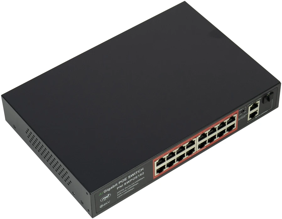 Šakotuvas POE komutatorius PNI SWPOE162, 16 POE 100 Mbps prievadų, 2 UP Link 1000 Mbps prievadai, 1 SFP 1000 Mbps prievadas, 240W, AI Extend funkcija iki 250 m, 4kV apsauga nuo žaibo