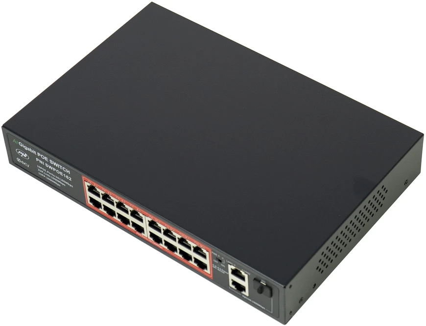 Šakotuvas POE komutatorius PNI SWPOE162, 16 POE 100 Mbps prievadų, 2 UP Link 1000 Mbps prievadai, 1 SFP 1000 Mbps prievadas, 240W, AI Extend funkcija iki 250 m, 4kV apsauga nuo žaibo