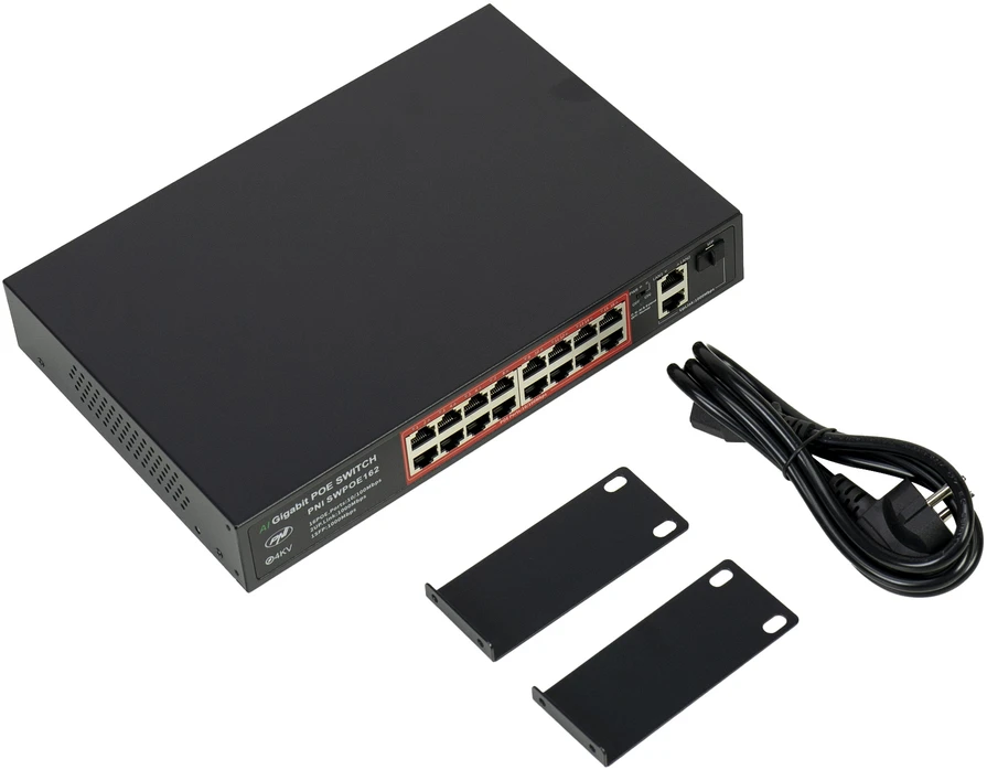 Šakotuvas POE komutatorius PNI SWPOE162, 16 POE 100 Mbps prievadų, 2 UP Link 1000 Mbps prievadai, 1 SFP 1000 Mbps prievadas, 240W, AI Extend funkcija iki 250 m, 4kV apsauga nuo žaibo