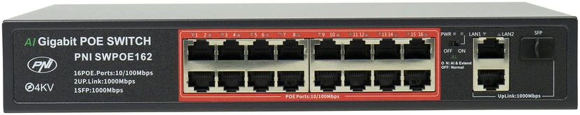 Šakotuvas POE komutatorius PNI SWPOE162, 16 POE 100 Mbps prievadų, 2 UP Link 1000 Mbps prievadai, 1 SFP 1000 Mbps prievadas, 240W, AI Extend funkcija iki 250 m, 4kV apsauga nuo žaibo