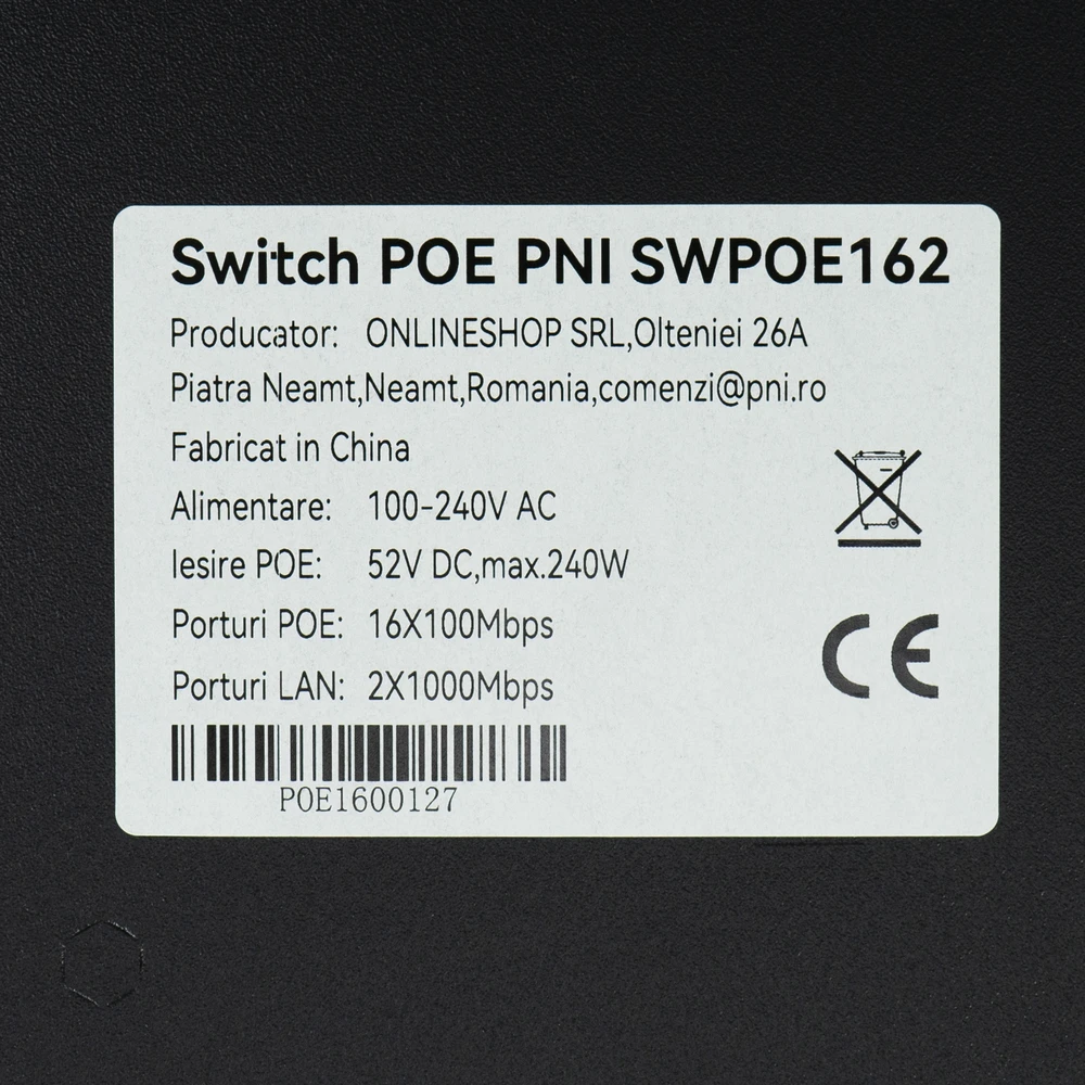 Šakotuvas POE komutatorius PNI SWPOE162, 16 POE 100 Mbps prievadų, 2 UP Link 1000 Mbps prievadai, 1 SFP 1000 Mbps prievadas, 240W, AI Extend funkcija iki 250 m, 4kV apsauga nuo žaibo