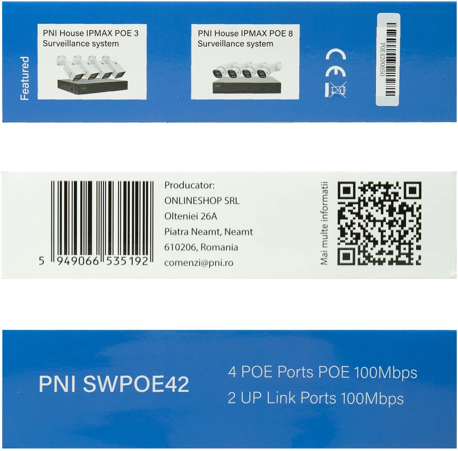 Šakotuvas POE komutatorius PNI SWPOE42, 4 POE 100 Mbps prievadai ir 2 UP Link 100 Mbps prievadai, 65W, AI Extend funkcija iki 250m, 4kV apsauga nuo žaibo