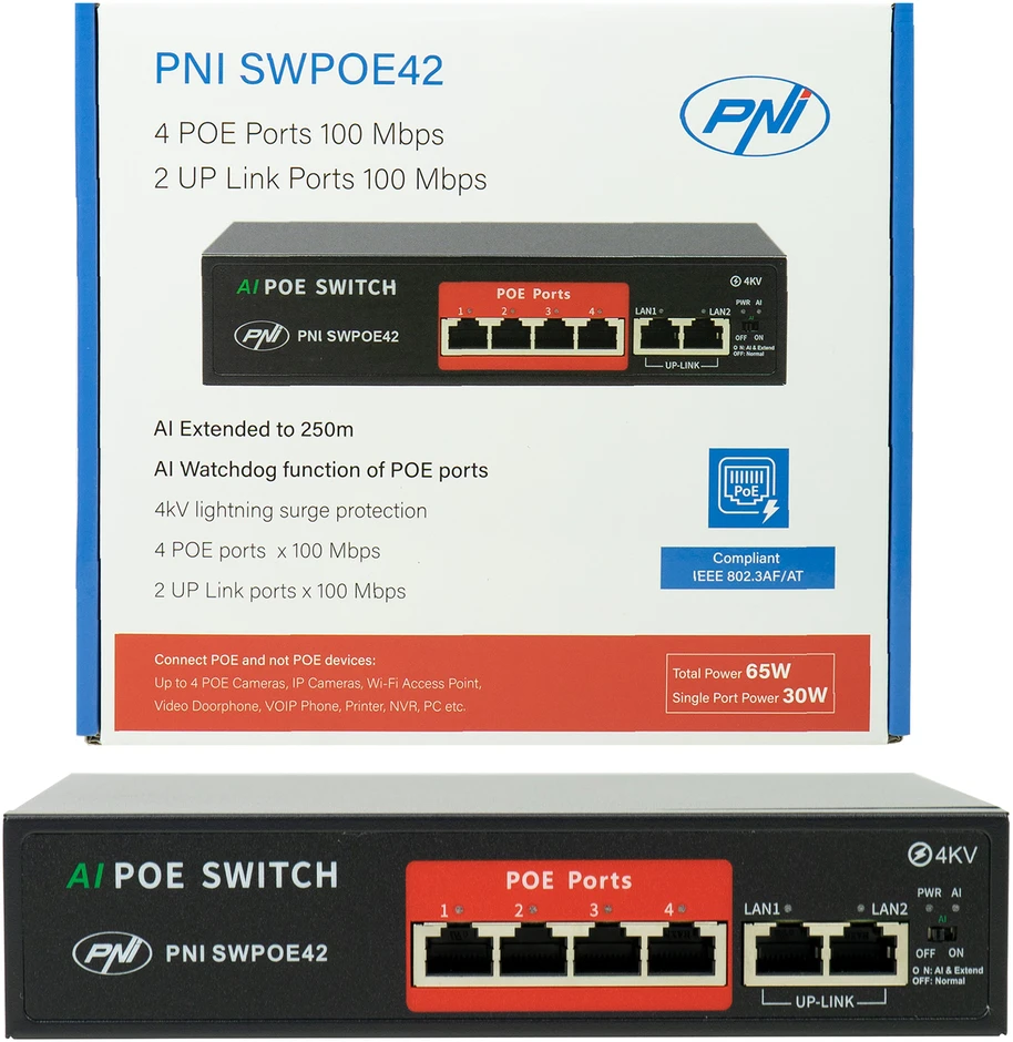 Šakotuvas POE komutatorius PNI SWPOE42, 4 POE 100 Mbps prievadai ir 2 UP Link 100 Mbps prievadai, 65W, AI Extend funkcija iki 250m, 4kV apsauga nuo žaibo
