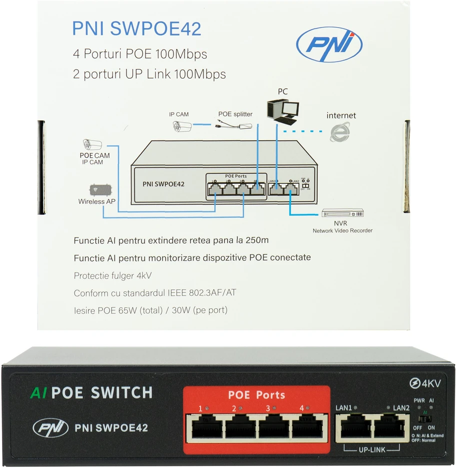 Šakotuvas POE komutatorius PNI SWPOE42, 4 POE 100 Mbps prievadai ir 2 UP Link 100 Mbps prievadai, 65W, AI Extend funkcija iki 250m, 4kV apsauga nuo žaibo