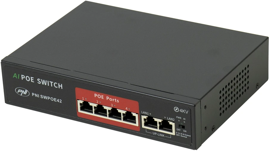 Šakotuvas POE komutatorius PNI SWPOE42, 4 POE 100 Mbps prievadai ir 2 UP Link 100 Mbps prievadai, 65W, AI Extend funkcija iki 250m, 4kV apsauga nuo žaibo