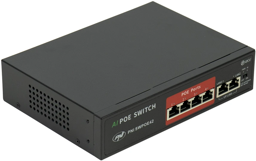 Šakotuvas POE komutatorius PNI SWPOE42, 4 POE 100 Mbps prievadai ir 2 UP Link 100 Mbps prievadai, 65W, AI Extend funkcija iki 250m, 4kV apsauga nuo žaibo