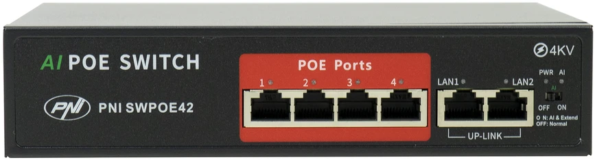 Šakotuvas POE komutatorius PNI SWPOE42, 4 POE 100 Mbps prievadai ir 2 UP Link 100 Mbps prievadai, 65W, AI Extend funkcija iki 250m, 4kV apsauga nuo žaibo