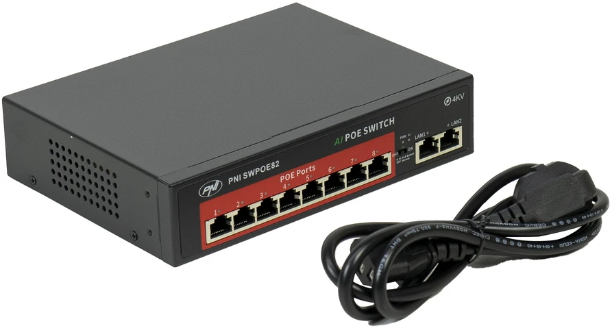 Šakotuvas POE komutatorius PNI SWPOE82, 8 POE 100 Mbps prievadai ir 2 UP Link 100 Mbps prievadai, 120W, AI Extend funkcija iki 250m, 4kV apsauga nuo žaibo