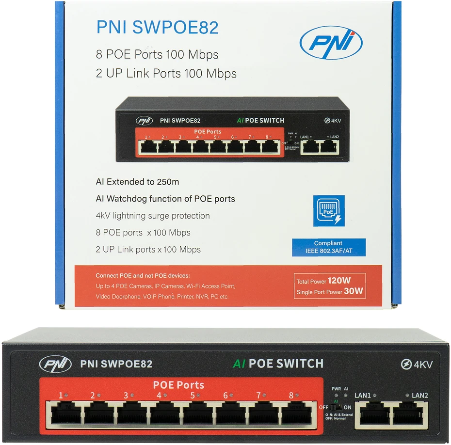 Šakotuvas POE komutatorius PNI SWPOE82, 8 POE 100 Mbps prievadai ir 2 UP Link 100 Mbps prievadai, 120W, AI Extend funkcija iki 250m, 4kV apsauga nuo žaibo