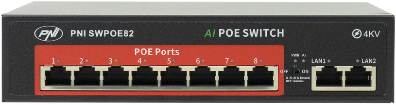Šakotuvas POE komutatorius PNI SWPOE82, 8 POE 100 Mbps prievadai ir 2 UP Link 100 Mbps prievadai, 120W, AI Extend funkcija iki 250m, 4kV apsauga nuo žaibo