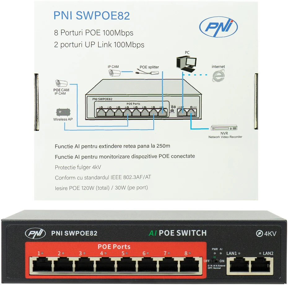 Šakotuvas POE komutatorius PNI SWPOE82, 8 POE 100 Mbps prievadai ir 2 UP Link 100 Mbps prievadai, 120W, AI Extend funkcija iki 250m, 4kV apsauga nuo žaibo