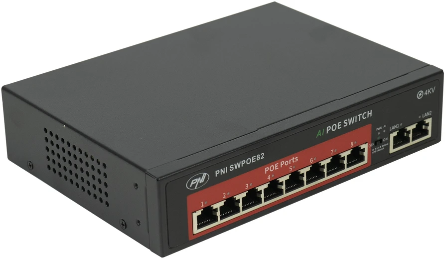 Šakotuvas POE komutatorius PNI SWPOE82, 8 POE 100 Mbps prievadai ir 2 UP Link 100 Mbps prievadai, 120W, AI Extend funkcija iki 250m, 4kV apsauga nuo žaibo