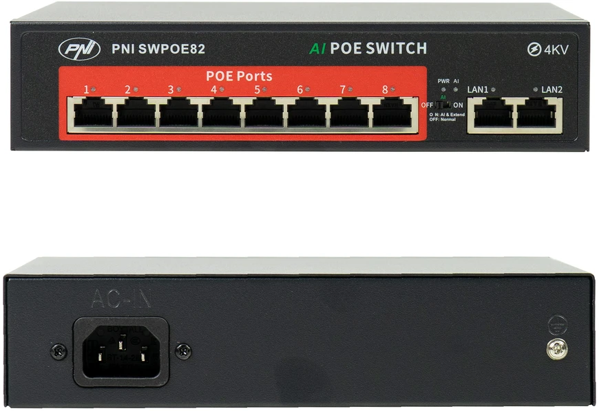 Šakotuvas POE komutatorius PNI SWPOE82, 8 POE 100 Mbps prievadai ir 2 UP Link 100 Mbps prievadai, 120W, AI Extend funkcija iki 250m, 4kV apsauga nuo žaibo