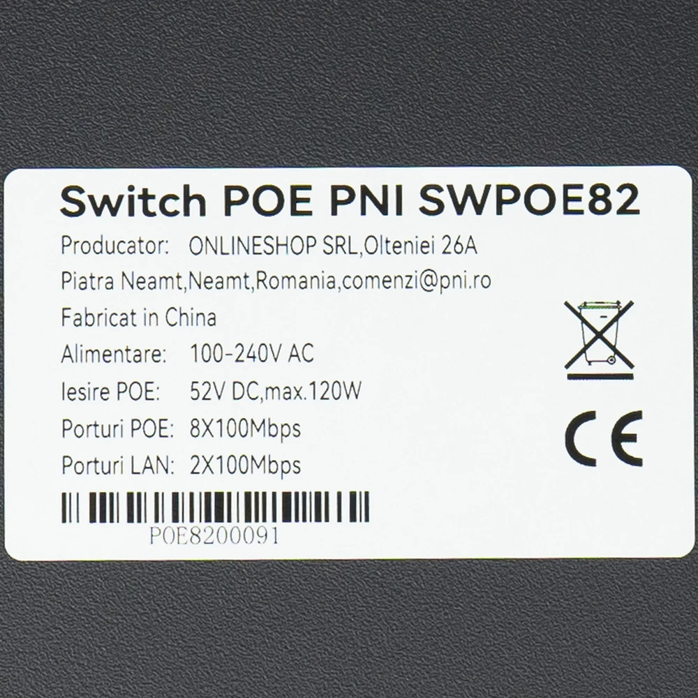 Šakotuvas POE komutatorius PNI SWPOE82, 8 POE 100 Mbps prievadai ir 2 UP Link 100 Mbps prievadai, 120W, AI Extend funkcija iki 250m, 4kV apsauga nuo žaibo