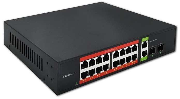 Šakotuvas Qoltec 52292 gigabito Ethernet PoE komutatorius | 16x RJ45 | 2x RJ45 Uplink | 2x SFP | 1000 Mb/s