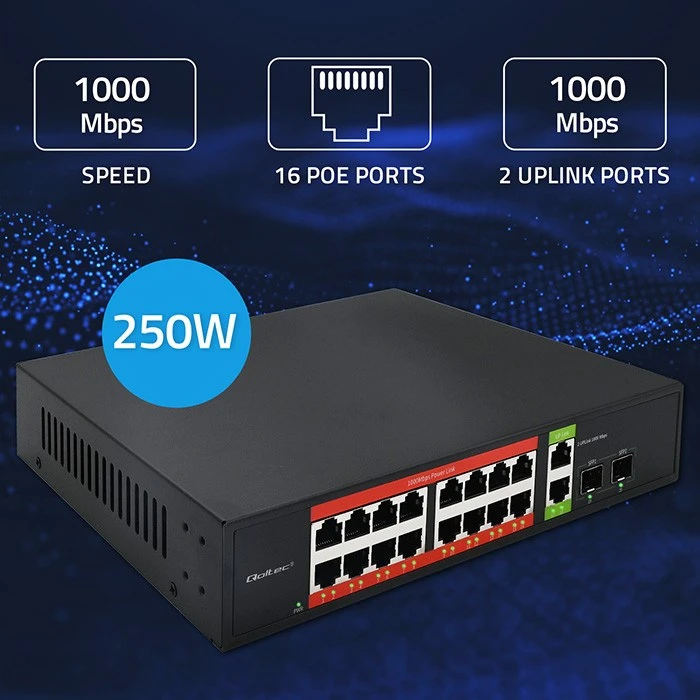 Šakotuvas Qoltec 52292 gigabito Ethernet PoE komutatorius | 16x RJ45 | 2x RJ45 Uplink | 2x SFP | 1000 Mb/s
