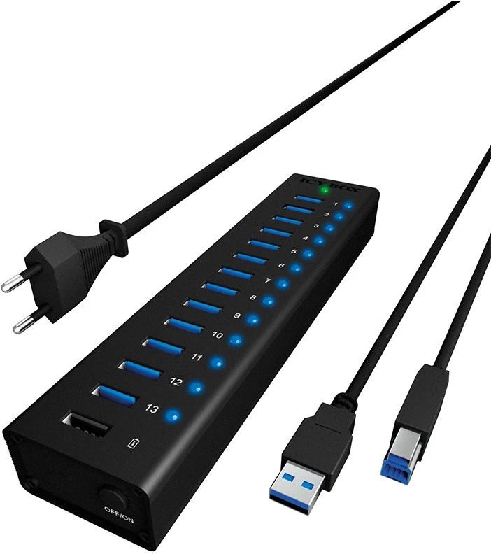 ICY BOX IB-AC6113 13x prievadas USB 3.0 šakotuvas su USB įkrovimo prievadu Juodas