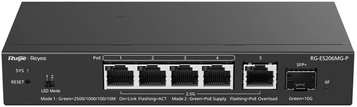 Šakotuvas Ruijie Networks RG-ES206MG-P tinklo komutatorius Valdomas L2 2.5G Ethernet (100/1000/2500) Maitinimas per Eternetą (PoE) Stalinis / tvirtinamas prie sienos Juoda