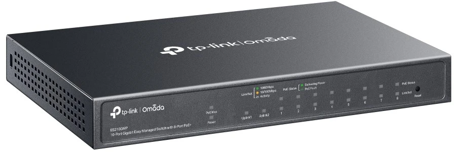 Šakotuvas TP-LINK ES210GMP Omada 10 prievadų Gigabit lengvai valdomas jungiklis su 8 prievadų PoE+ | TP-LINK