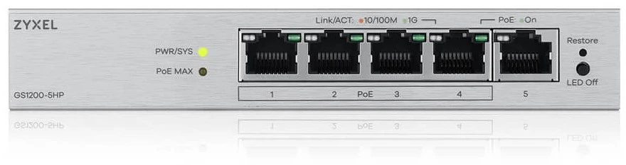 Šakotuvas „Zyxel GS1200-5HPV3“ valdomas L2 gigabito Ethernet (10/100/1000) maitinimas per Ethernet (PoE) darbalaukio pilkas