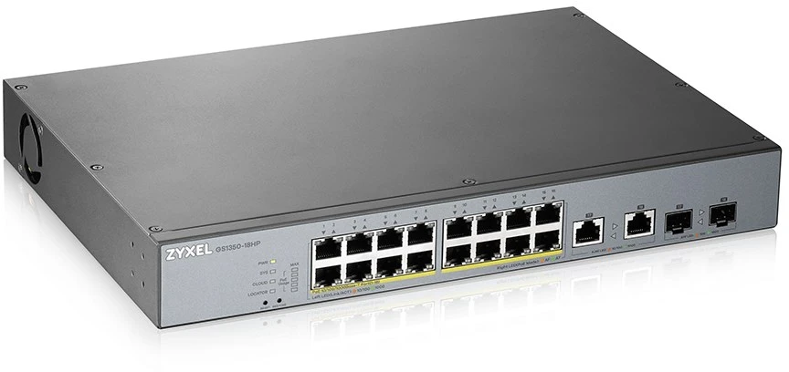 Šakotuvas ZYXEL GS1350-18HP, 18 prievadų valdomas CCTV POE komutatorius, didelio nuotolio, 250 W (1 metų NCC PRO paketo licencija) (5 metų garantija)