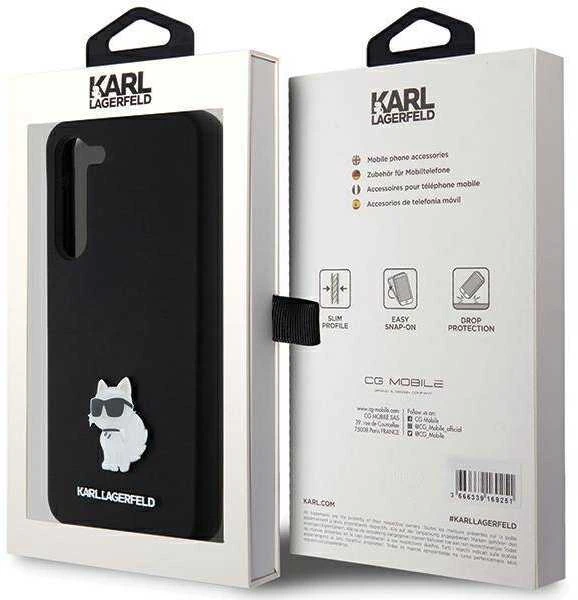 Karl Lagerfeld KLHCS24MSMHCNPK S24+ S926 juodos spalvos kietas dėklas Silicone Choupette Metal Pin