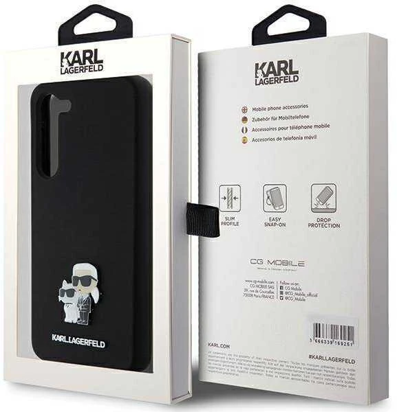 Karl Lagerfeld KLHCS24MSMHKCNPK S24+S926 kietas dėklas juodos spalvos Silicone Karl&Choupette Metal Pin
