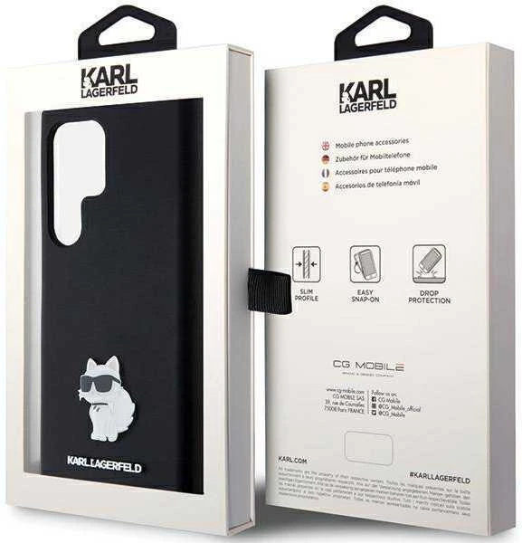 Karl Lagerfeld KLHCS24LSMHCNPK S24 Ultra S928 juodos spalvos kietas dėklas Silicone Choupette Metal Pin