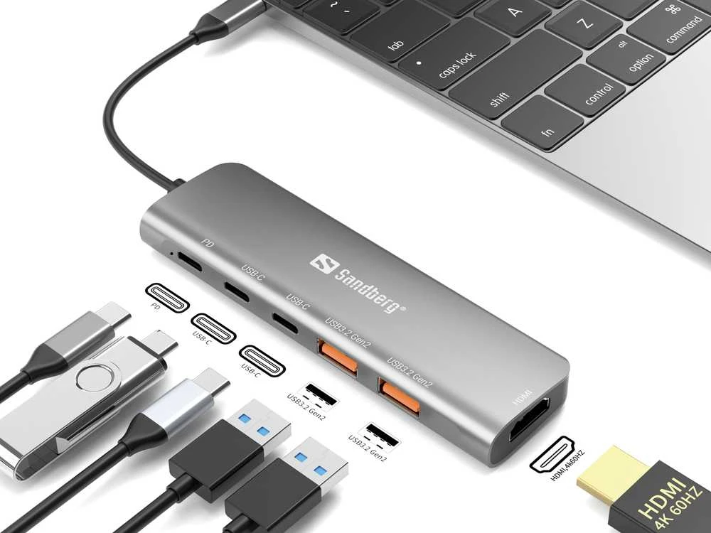 Sandberg daugiafunkcis USB-C adapteris su prijungtais prietaisais