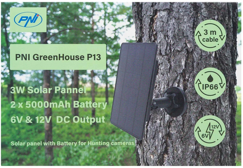 Saulės įkroviklis PNI GreenHouse P13, 6V ir 12V išvestis, 3W, Li-Ion 5200 mAh baterija, IP66 apsaugos klasė medžioklės kameroms